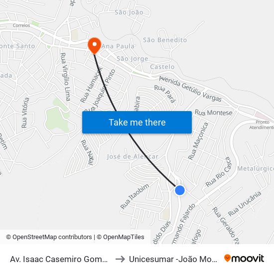 Av. Isaac Casemiro Gomes, 1213 to Unicesumar -João Monlevade map