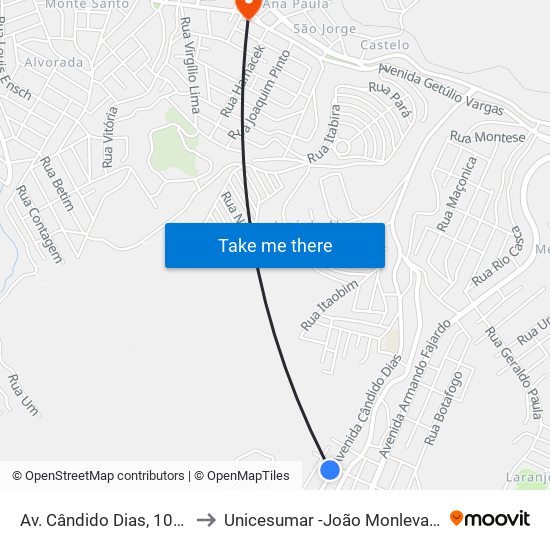 Av. Cândido Dias, 1020 to Unicesumar -João Monlevade map