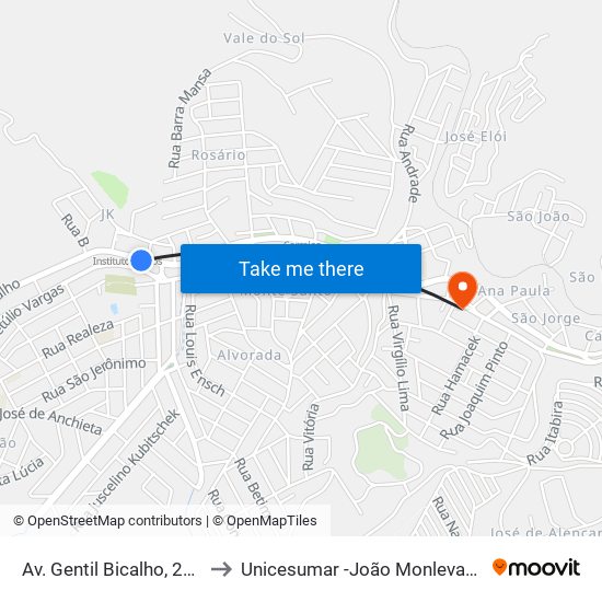 Av. Gentil Bicalho, 217 to Unicesumar -João Monlevade map