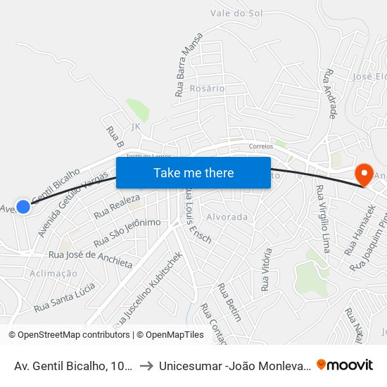 Av. Gentil Bicalho, 1000 to Unicesumar -João Monlevade map
