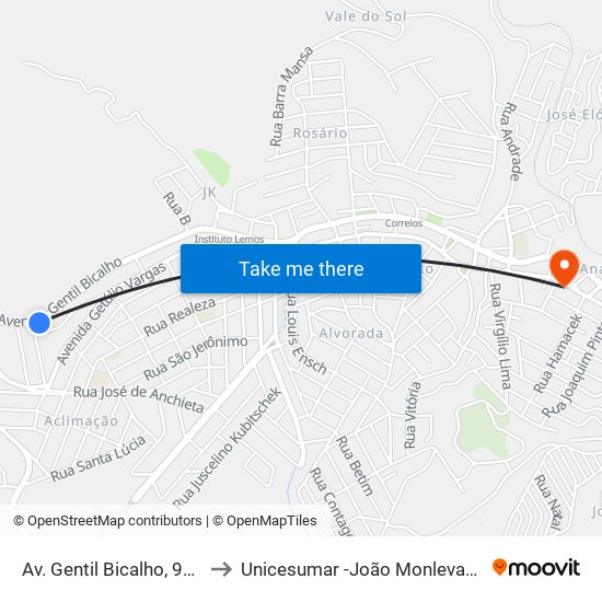 Av. Gentil Bicalho, 995 to Unicesumar -João Monlevade map
