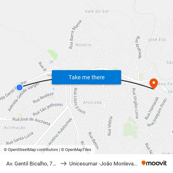 Av. Gentil Bicalho, 719 to Unicesumar -João Monlevade map