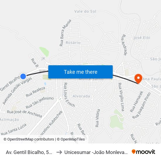 Av. Gentil Bicalho, 579 to Unicesumar -João Monlevade map