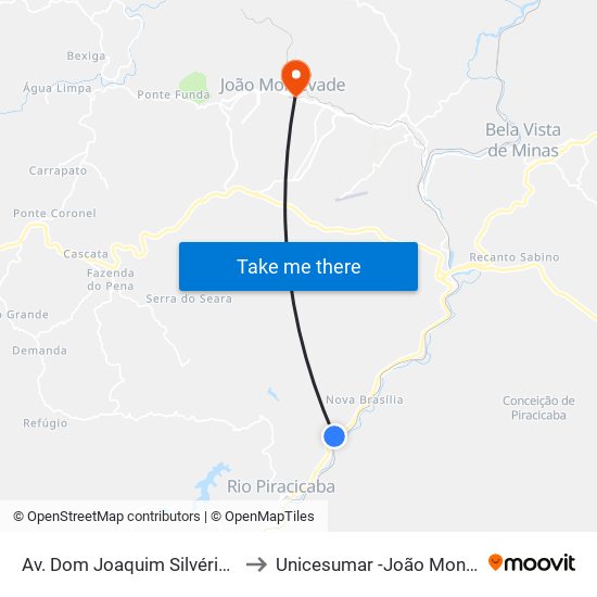 Av. Dom Joaquim Silvério, 2539 to Unicesumar -João Monlevade map