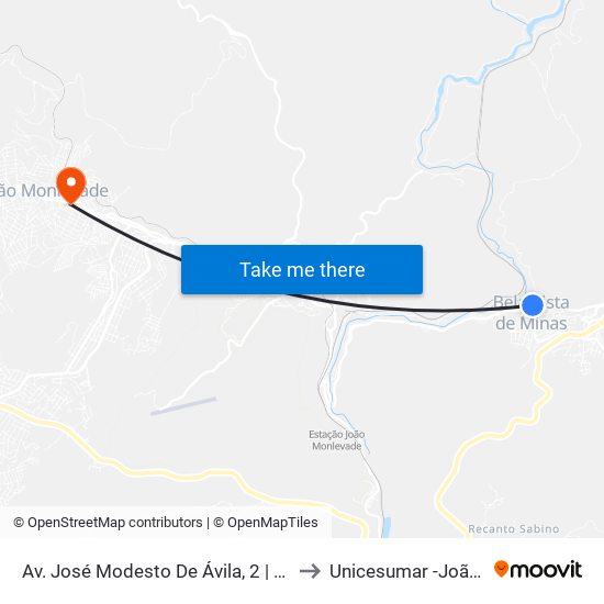 Av. José Modesto De Ávila, 2 | Ponto Final Da Divisa to Unicesumar -João Monlevade map