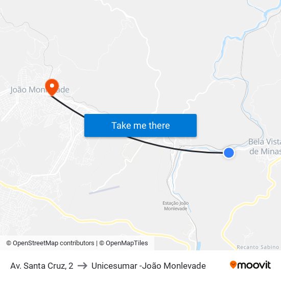 Av. Santa Cruz, 2 to Unicesumar -João Monlevade map