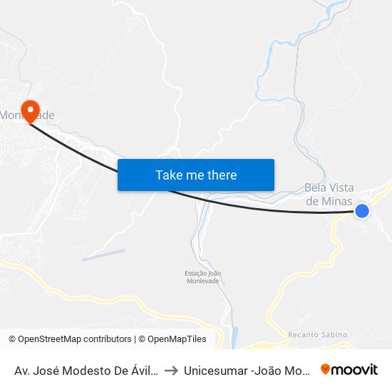 Av. José Modesto De Ávila, 1264 to Unicesumar -João Monlevade map