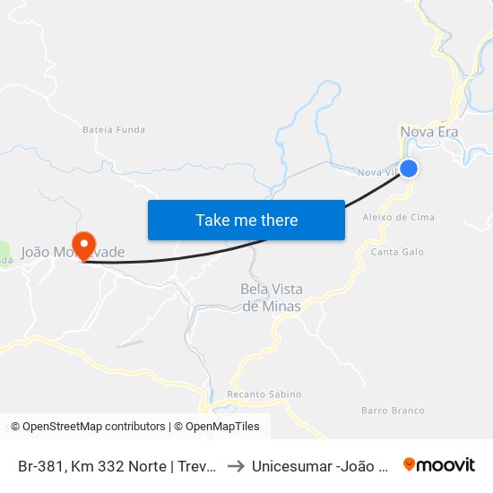 Br-381, Km 332 Norte | Trevo De Nova Era to Unicesumar -João Monlevade map