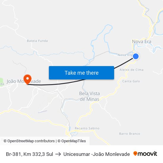 Br-381, Km 332,3 Sul to Unicesumar -João Monlevade map