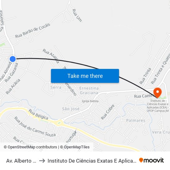 Av. Alberto Lima, 2600 to Instituto De Ciências Exatas E Aplicadas (Icea) - Ufop Campus Jm map