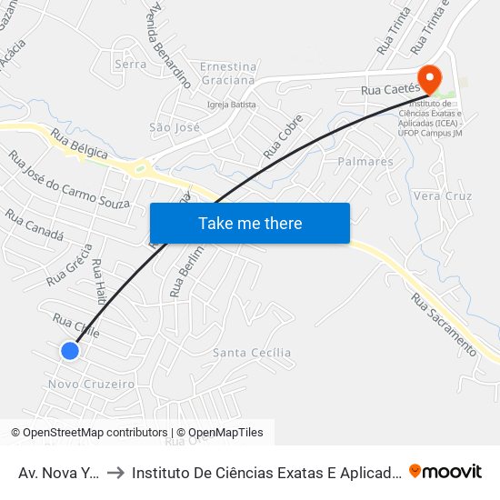 Av. Nova York, 1290 to Instituto De Ciências Exatas E Aplicadas (Icea) - Ufop Campus Jm map