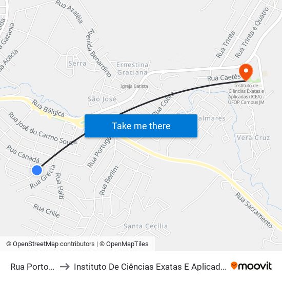 Rua Porto Rico, 100 to Instituto De Ciências Exatas E Aplicadas (Icea) - Ufop Campus Jm map