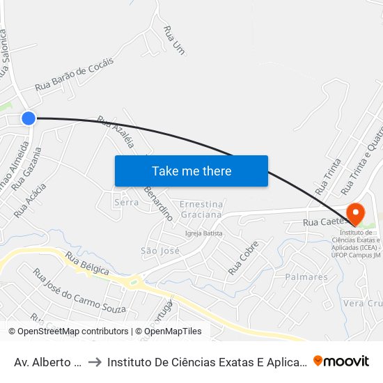 Av. Alberto Lima, 2500 to Instituto De Ciências Exatas E Aplicadas (Icea) - Ufop Campus Jm map