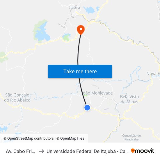 Av. Cabo Frio, 600 to Universidade Federal De Itajubá - Campus Itabira map