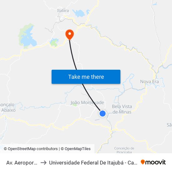 Av. Aeroporto, 14 to Universidade Federal De Itajubá - Campus Itabira map