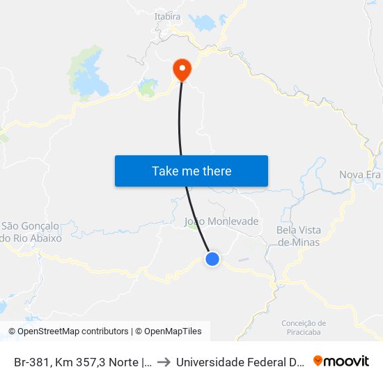 Br-381, Km 357,3 Norte | Trevo Do Cruzeiro Celeste to Universidade Federal De Itajubá - Campus Itabira map