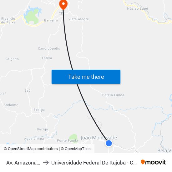 Av. Amazonas, 100 to Universidade Federal De Itajubá - Campus Itabira map