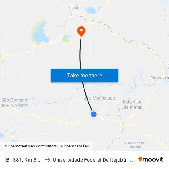 Br-381, Km 357,5 Sul to Universidade Federal De Itajubá - Campus Itabira map