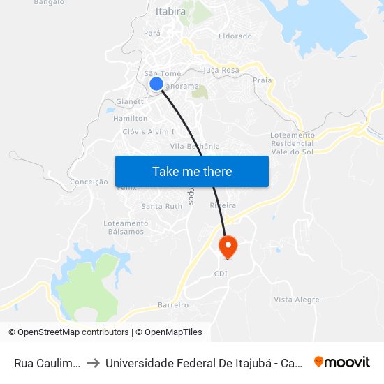 Rua Caulim, 165 to Universidade Federal De Itajubá - Campus Itabira map