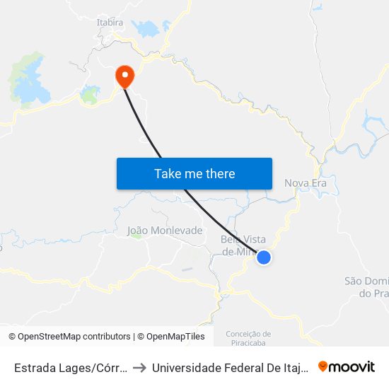 Estrada Lages/Córrego Fundo, Sul to Universidade Federal De Itajubá - Campus Itabira map