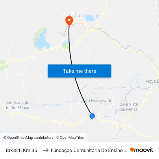 Br-381, Km 357,5 Norte to Fundação Comunitária De Ensino Superior De Itabira map