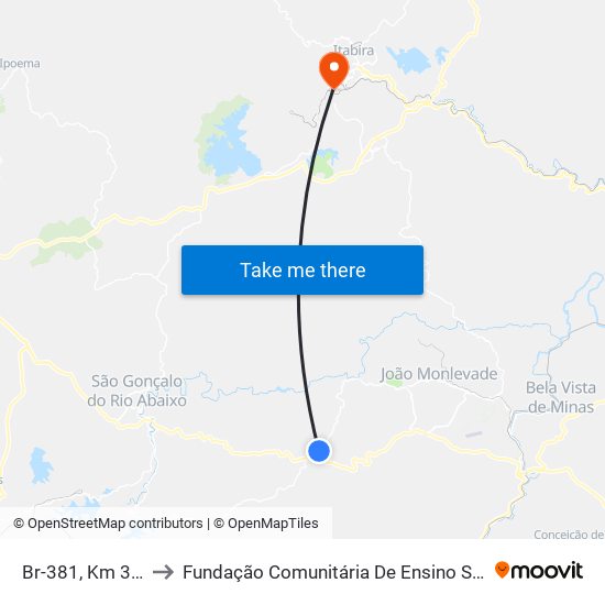 Br-381, Km 367,5 Sul to Fundação Comunitária De Ensino Superior De Itabira map