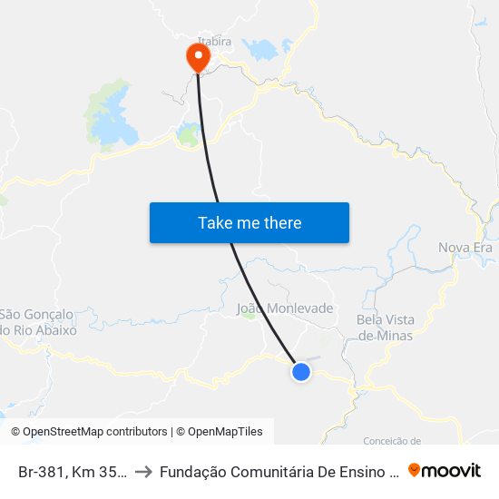 Br-381, Km 354,7 Norte to Fundação Comunitária De Ensino Superior De Itabira map