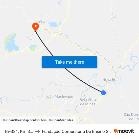 Br-381, Km 334,9 Sul to Fundação Comunitária De Ensino Superior De Itabira map