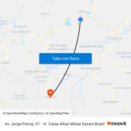 Av. Jorge Ferraz, 51 to Catas Altas Minas Gerais Brazil map