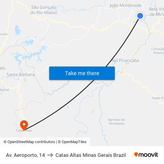 Av. Aeroporto, 14 to Catas Altas Minas Gerais Brazil map