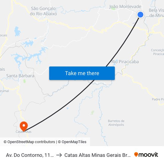 Av. Do Contorno, 1151 to Catas Altas Minas Gerais Brazil map