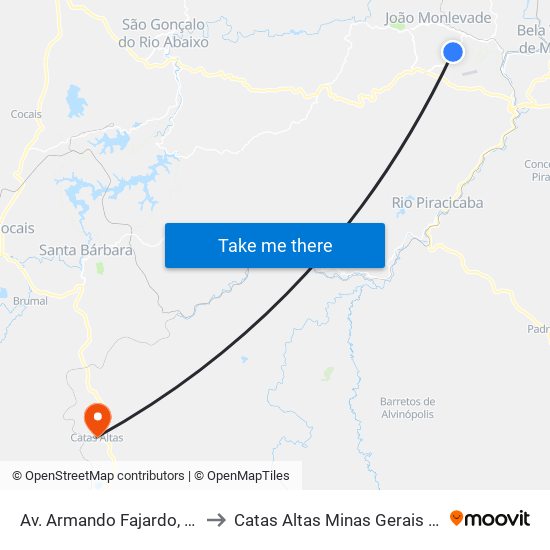 Av. Armando Fajardo, 1720 to Catas Altas Minas Gerais Brazil map