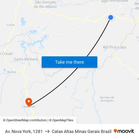 Av. Nova York, 1281 to Catas Altas Minas Gerais Brazil map