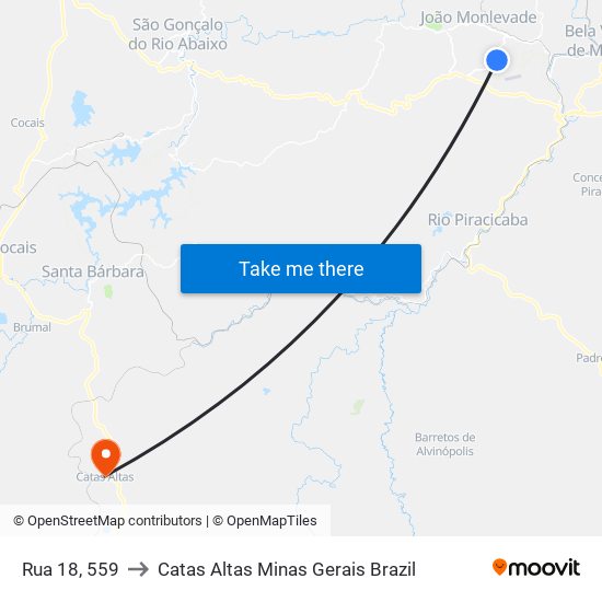 Rua 18, 559 to Catas Altas Minas Gerais Brazil map