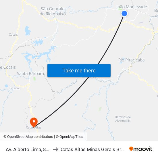 Av. Alberto Lima, 860 to Catas Altas Minas Gerais Brazil map
