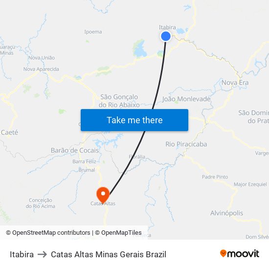 Itabira to Catas Altas Minas Gerais Brazil map