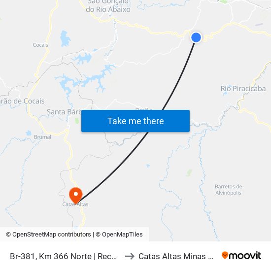 Br-381, Km 366 Norte | Recanto Da Cascata to Catas Altas Minas Gerais Brazil map