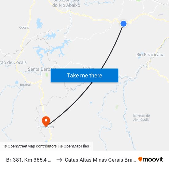 Br-381, Km 365,4 Sul to Catas Altas Minas Gerais Brazil map
