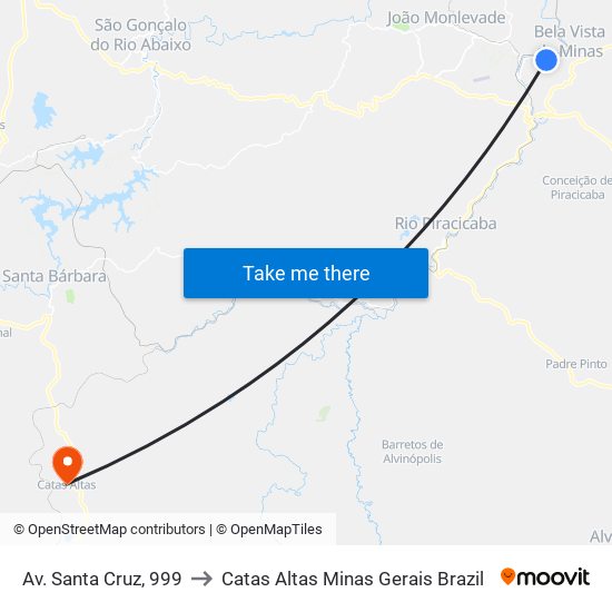Av. Santa Cruz, 999 to Catas Altas Minas Gerais Brazil map