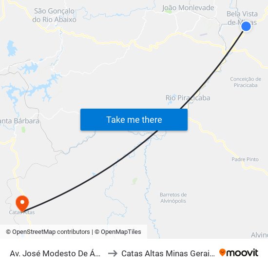 Av. José Modesto De Ávila, 955 to Catas Altas Minas Gerais Brazil map