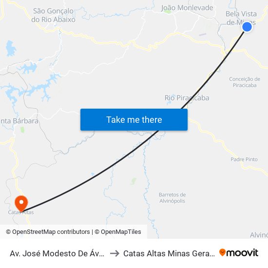 Av. José Modesto De Ávila, 1265 to Catas Altas Minas Gerais Brazil map