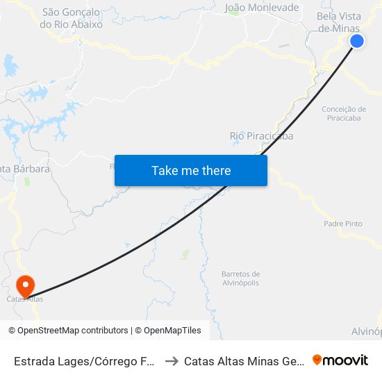 Estrada Lages/Córrego Fundo, Norte to Catas Altas Minas Gerais Brazil map