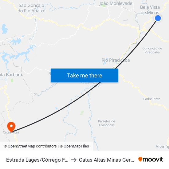 Estrada Lages/Córrego Fundo, Sul to Catas Altas Minas Gerais Brazil map