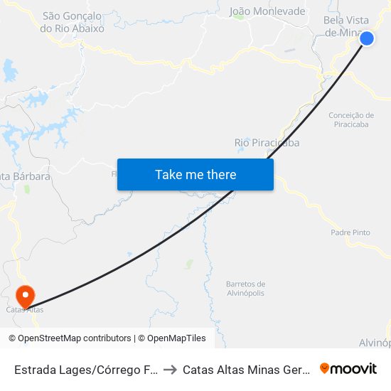 Estrada Lages/Córrego Fundo, Sul to Catas Altas Minas Gerais Brazil map