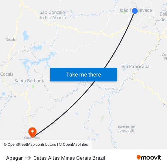 Apagar to Catas Altas Minas Gerais Brazil map