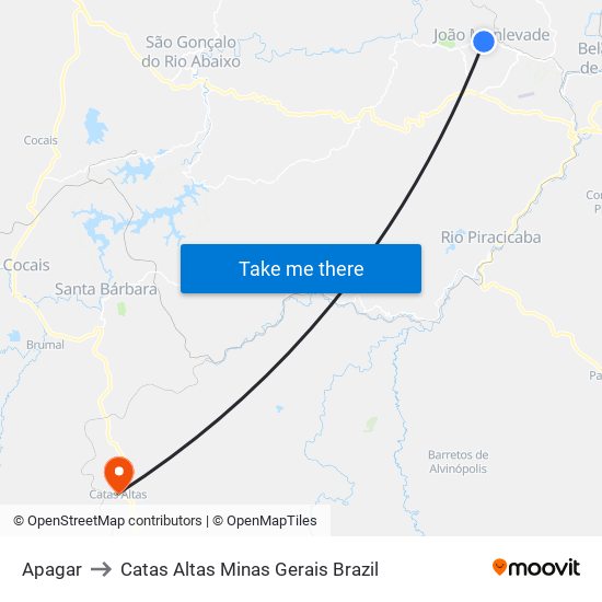 Apagar to Catas Altas Minas Gerais Brazil map