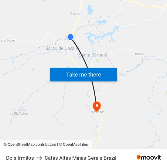 Dois Irmãos to Catas Altas Minas Gerais Brazil map