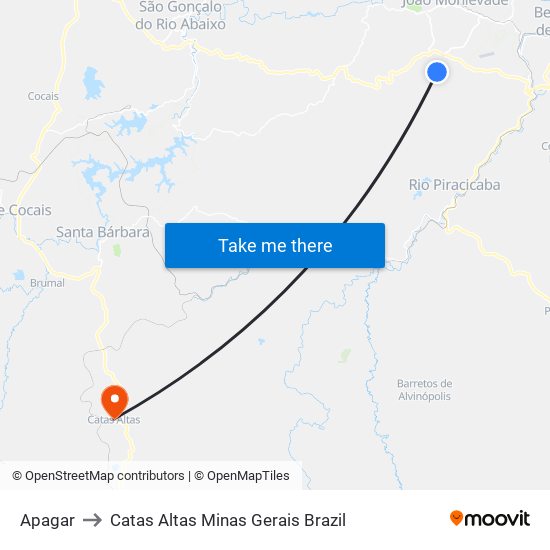 Apagar to Catas Altas Minas Gerais Brazil map