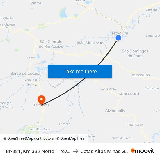 Br-381, Km 332 Norte | Trevo De Nova Era to Catas Altas Minas Gerais Brazil map