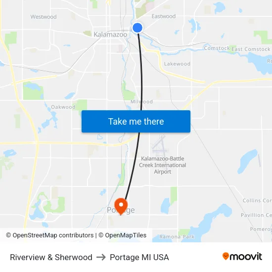 Riverview & Sherwood to Portage MI USA map